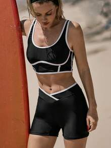 Swim SPRTY 女士沙滩度假撞色滚边比基尼泳装套装 - 黑與白 - 查看 3