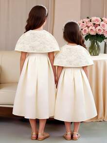 SHEIN Summer 7th Birthday Ivory Princess Two Pieces Solid Satin Dress With Bow,High-End Embellished Jacquard Formal Party Dresses For Girls And Children - Multicolor - View 2