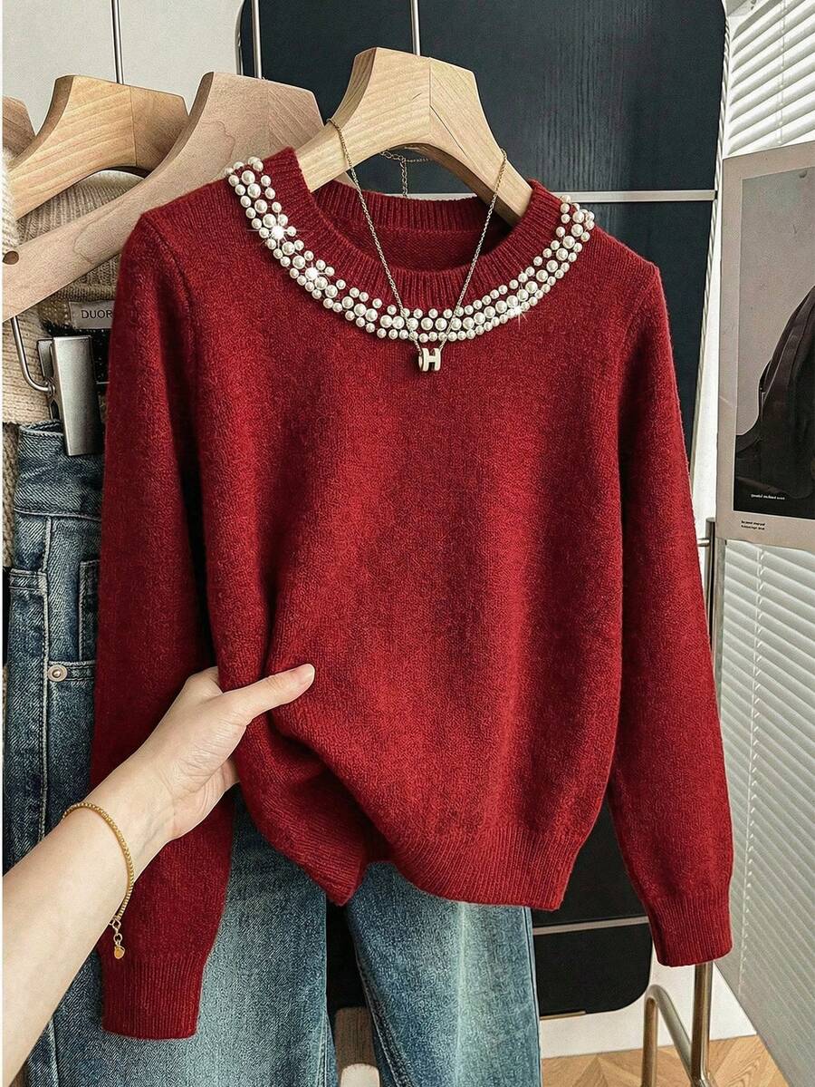 Chiquease 优雅珍珠领设计宽松酒红色毛衣 - 酒紅色 - 查看 1