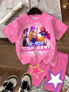 SHEIN Bộ 2 món dành cho bé gái, phong cách K-POP, in hình bình nước và chữ ngôi sao, áo thun cổ tròn tay ngắn và quần short, thích hợp cho các kỳ nghỉ, tiệc tùng, mặc hàng ngày và các buổi hòa nhạc. - Nhiều màu - Xem 2