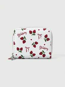 ROMWE Kawaii 1791538 1Pc Strawberry Bow Love Pattern Simple Style Zipper Change Bag, Suitable For Women. - White - View 1