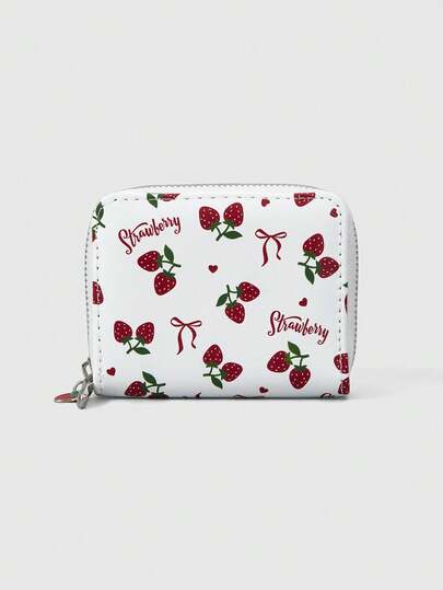 ROMWE Kawaii 1791538 1Pc Strawberry Bow Love Pattern Simple Style Zipper Change Bag, Suitable For Women.