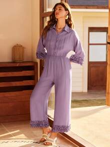 Bohemian Casual Vacation Ruffled Jumpsuit, Loose Cinched Waist Jumpsuit, Relaxed & Romantic Elegant Sleepwear For Women - Red Violet - View 4