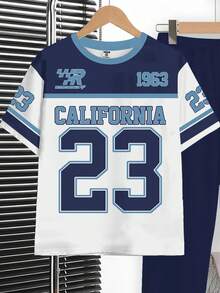 Tween Boy Navy Blue Y2K Streetwear Summer School Back-To-School Retro Colorblock Number 23 Print Round Neck Short Sleeve T-Shirt And Pants Set - White - View 4