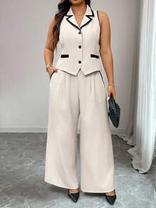 SHEIN Frenchy Bộ vest và quần không tay phối màu tương phản dành cho nữ cỡ lớn - Nhiều màu - Xem 7