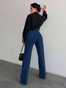 EURMUSE Jeans décontractés droits amples avec poches pour femmes - bleu indigo - Voir 2