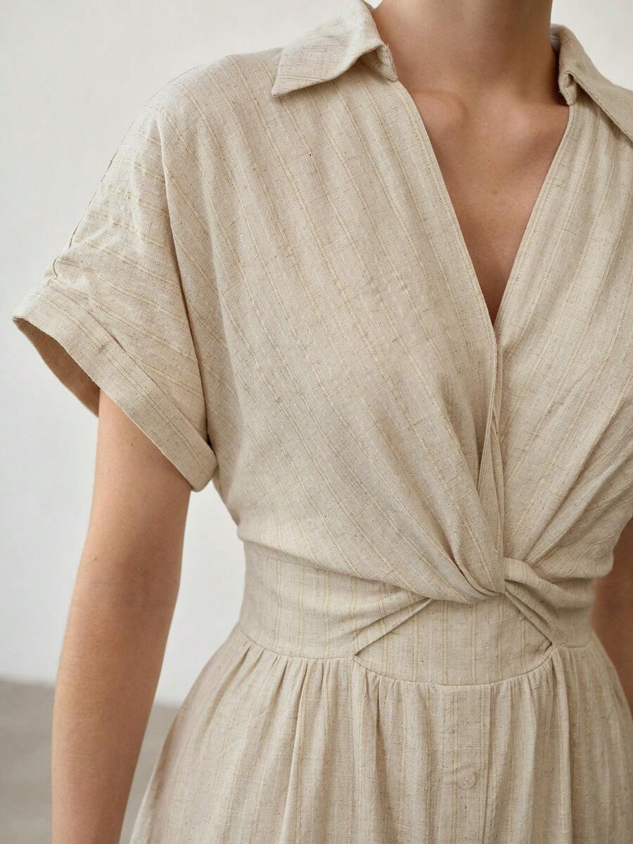 MOTF PREMIUM WOMEN'S NEW FRENCH STYLE COMMUTER PLEATED WAIST SHORT SLEEVE DRESS - Khaki - View 1