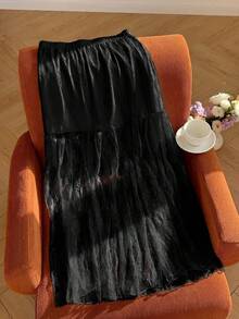 SHEIN EZwear 女士松紧腰蕾丝荷叶边下摆时尚长裙 - 黑色 - 查看 3