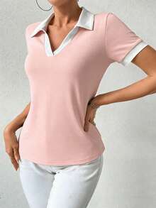 RosyDaze 女士V领短袖T恤，休闲日常穿着及通勤皆宜。 - 淺粉色 - 查看 5