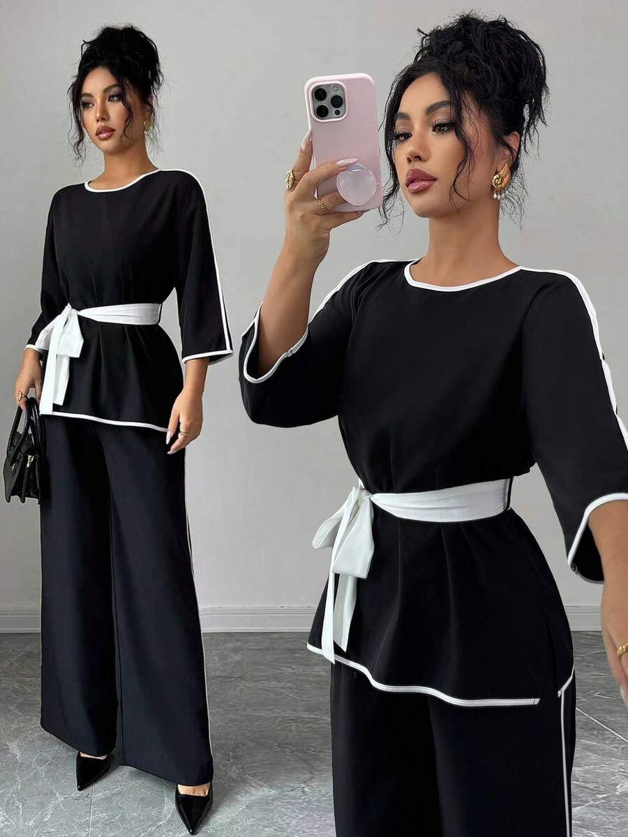 SHEIN Elenzya طقم ملابس علوية وبنطلون واسع الساق للنساء، أنيق للاستخدام اليومي والعطلات، مع تفاصيل خطوط ملونة وحزام، مناسب للربيع والخريف - الأسود - مشاهدة 1