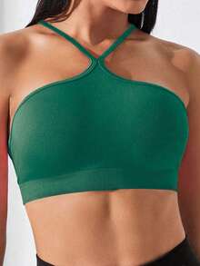 SHEIN Core Rhythm Twist Front Solid Sports Long Sleeve Tee Gym Top Workout Cami Top - Dark Green - View 4