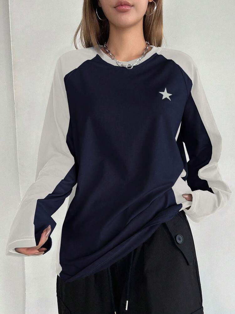 DAZY Kleurblok sterrenpatroon T-shirt met lange mouwen Y2k, herfstkleding - Donker blauw - Bekijken 4