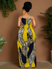 Maweii Plus Size Women Summer Bohemian Vacation Style Patchwork Leopard Paisley Contrast Print Sleeveless Dress - Yellow - View 2