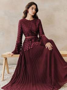 Anewsta Women's Elegant Water-Soluble Lace Circular Pleated Flared Dress - Burgundy - View 6