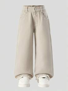 Young Girl Casual Loose Fit Jeans With Pockets, Button & Frayed Hem Design, Versatile For Daily Wear - Blue - View 3