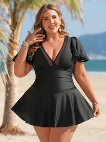 Swim Lushoire Plus Size Women One-Piece Swimsuit With Mesh Trim Collar And Cuffs - Black - View 3