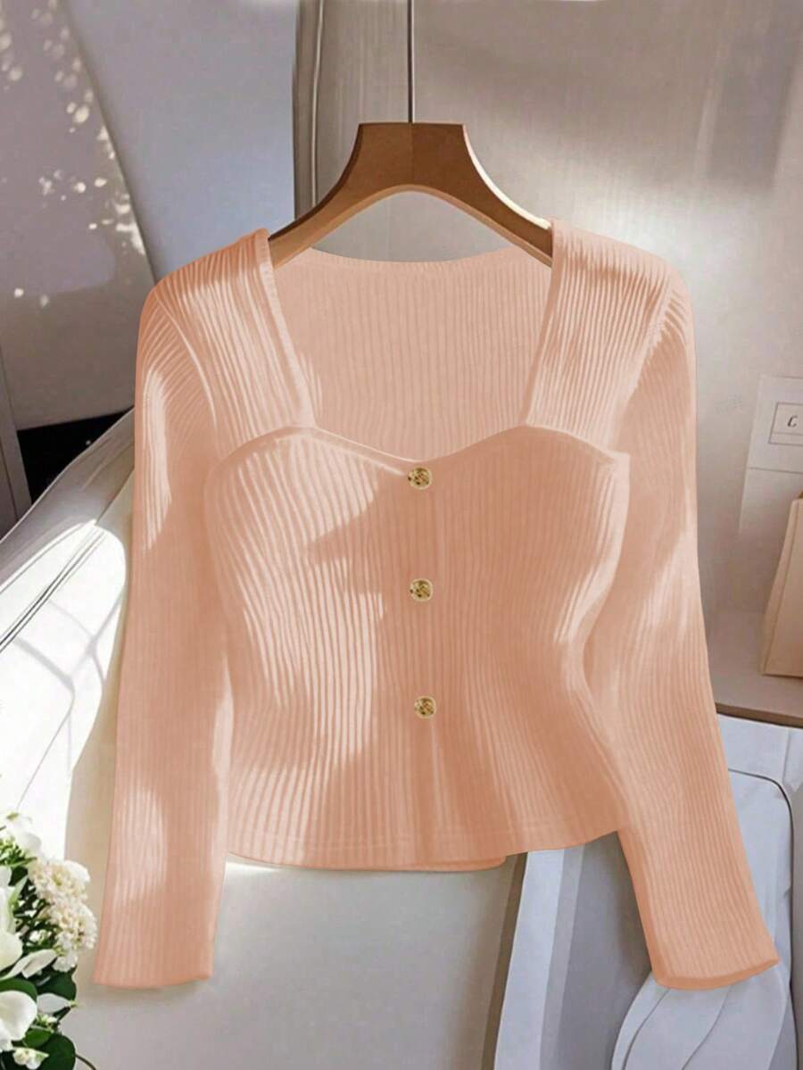 GlowEve 女士纯色纽扣休闲百搭通勤长袖T恤 - 橘色 - 查看 1