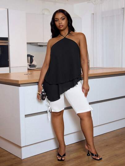 Veslaya 2026 Spring & Summer Plus Size Women's New Music Festival, Easter, Western, Nomadic, Birthday Party, Graduation, College, Student, Daily Casual, Basic, Leisure, Vacation, Cruise Travel, Beach, Sunbathing, Viral Hits, Streetwear, Wedding Guest Boho, Commute, Brunch, Airport, Party, Holiday Outings, Elegant Gala, Ball, Casual, High-End Elegant Black Halter Backless Loose Long Blouse