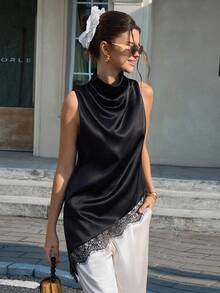 Cévolie Women's Elegant Commuter Solid Color Lace Patchwork Sleeveless Top - Black - View 5