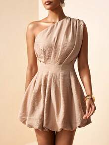 Zivah 2026 Spring/Summer New Arrival Wedding Season, Music Festival, Easter, Western, Nomadic, Bohemian, Nashville Inspired Party, Wedding, Evening, Date, Gathering, Birthday Dress - Asymmetric Shoulder, Ruched Waist, Tulip Hem, Bamboo Fiber Fabric, Fitted Mini Dress - Khaki - View 4