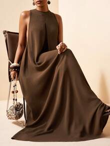 Zivah 2026 Spring/Summer New Arrival Wedding Season, Music Festival, Easter, Western, Boho, Nashville Inspired Sleeveless Round Neck Maxi Dress With Front Pleats, Sexy Open Back With Metal Buckle Pleats, Loose A-Line Silhouette, Suitable For Party, Wedding, Evening, Date, Casual Business ,Summer Dress - Dark Brown - View 7