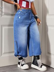 BamGleam Women's Loose Fit Pocketed Wide Leg Cropped Jeans - Medium Wash - View 4