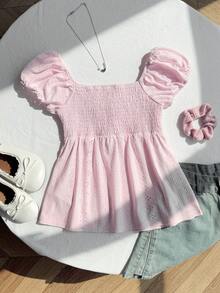 SHEIN 少女休闲舒适提花针织套头衫 - 粉色 - 查看 2