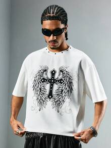 ROMWE MEN Grunge Punk 男士圆领翅膀印花铆钉短袖T恤 - 白色 - 查看 1