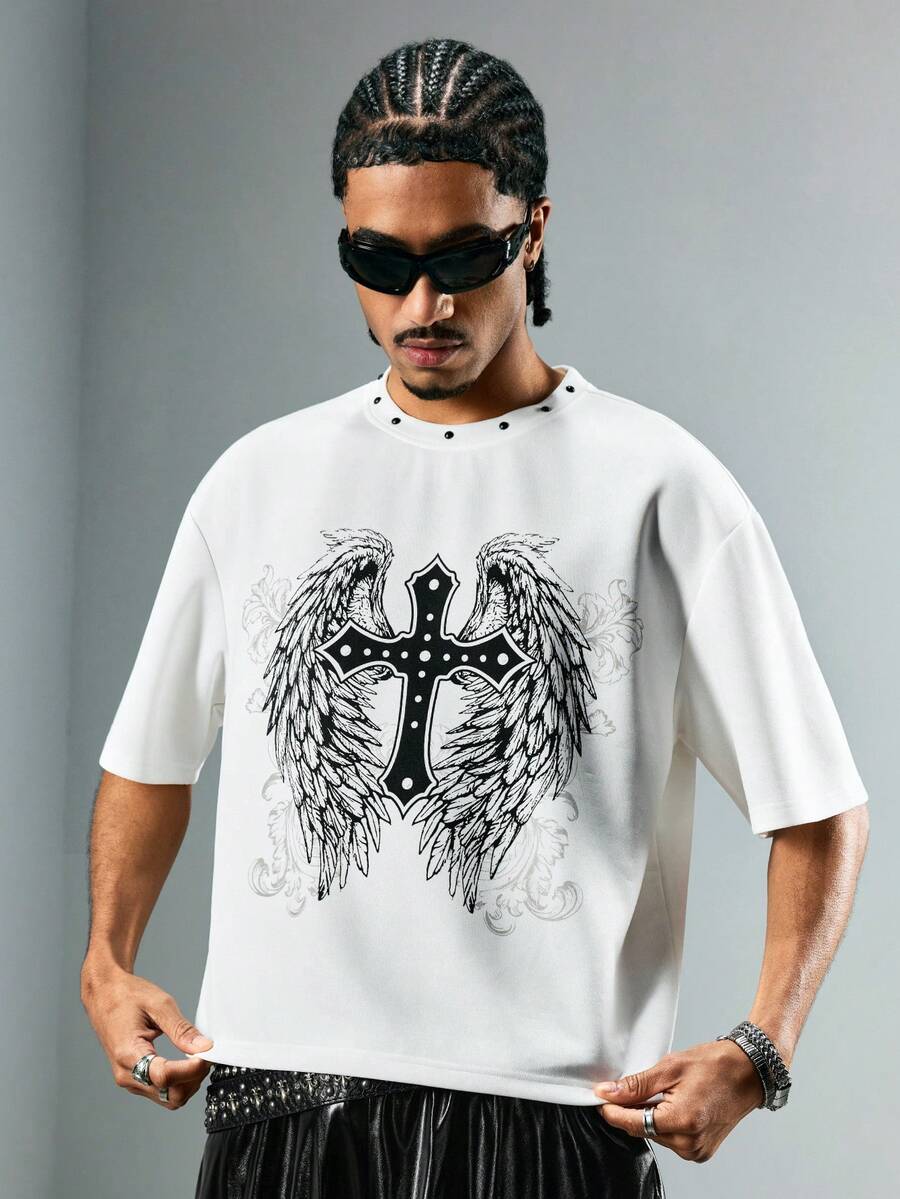ROMWE MEN Grunge Punk 男士圆领翅膀印花铆钉短袖T恤 - 白色 - 查看 1
