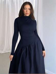Firerie Vestido Longo Preto Sólido Elegante de Malha Jacquard Splice Bodycon, Adequado para Primavera, Outono e Inverno, Vestido Midi de Manga Longa com Gola Alta, para Ir e Vir/Férias/Praia/Romântico/Encontro/Dia dos Namorados/Concerto/Apresentação/Casamento/Volta às Aulas/Dia do Professor/Chá da Tarde - Azul Marinho - Visão 5