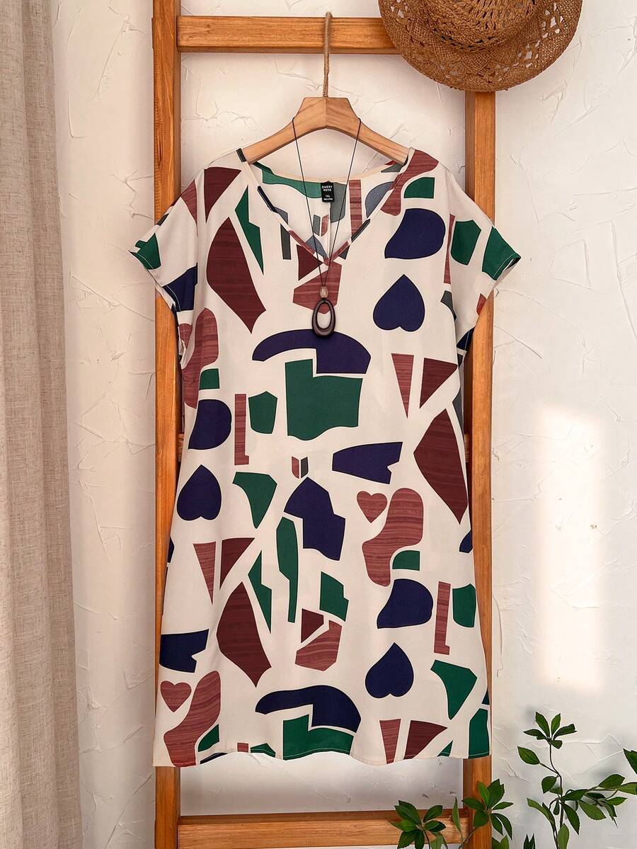 EMERY ROSE Vestido De Verano De Talla Grande Para Mujer Con Estampado Geométrico, Cuello En V, Manga Murciélago Y Corte Recto - Multicolor - Ver 1