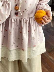 FRIFUL 女士休闲度假风碎花镂空领灯笼袖荷叶边上衣，春秋季 - 卡其色 - 查看 9