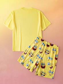 SpongeBob SquarePants | SHEIN 男士趣味卡通图案短袖上衣和短裤家居服套装，夏季 - 黃色 - 查看 2