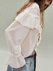 SoleilVie 女士雪纺荷叶边下摆衬衫，节日衬衫，白色衬衫 - 米色 - 查看 7
