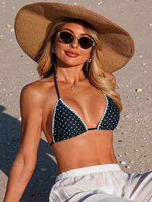 Swim Vcay Women's Summer Vacation Polka Dot Print Ruffled Halter Bikini Top - Black - View 3