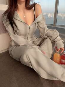 DAZY Ladies' Casual Solid Color Two Pieces Set Tracksuits Women Set Hoodie Lounge Sets For Women - Khaki - View 5