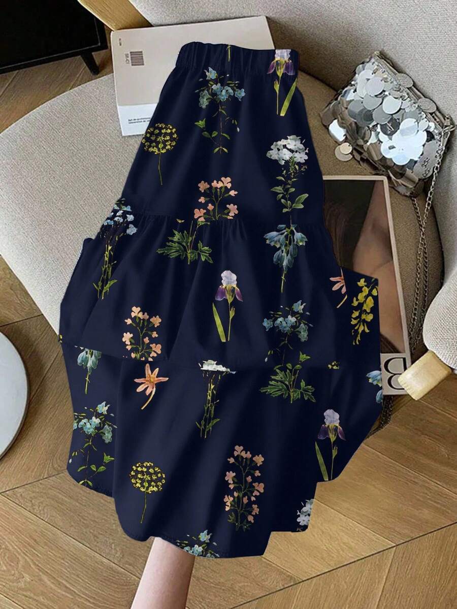 GlowEve New Floral Design Chic French Style Women Skirt - Navy Blue - View 1