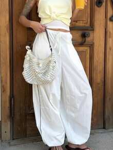 INAWLY Women's Summer Black And White Checkered Streetwear Date Wide Leg Pants,Elastic Waist Contrast Rib Trim Lantern Pants With Drawstring Hem,Pocket - White - View 2
