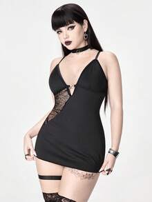 ROMWE Grunge Punk Punk Pu Spider Web Cami Dress & G-String Lingerie Set, Sexy - Black - View 4