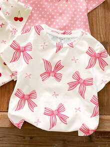 SHEIN LMoss Kids Bộ 4 áo thun ngắn tay cổ tròn màu hồng nhạt dễ thương cho bé gái, họa tiết nơ anh đào và hoa, kiểu dáng tối giản, mềm mại và thoải mái, thích hợp mặc hàng ngày vào mùa xuân/hè. - Nhiều màu - Xem 6