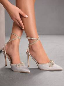 CUCCOO SZL Women's Rhinestone Bow Ankle Strap Stiletto High Heels Pointed Toe Sexy Low Vamp Shoes Bridal Banquet Ball Dress Shoes Christmas Valentine's Day Wear Valentine's Day - Silver - View 1