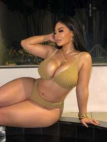 Swim SXY 2026 Neuer Sommer Strand Urlaub Sexy strukturierter verstellbarer Träger Frauen Große Größen Bikini Set - Khaki - Übersicht 5