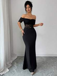 Elenzga Lace Trim Sleeveless Sexy Waist Fitted Fishtail Hem Elegant Sophisticated Knit Bodycon Dress - Black - View 5