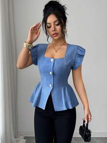 Elenzga New Stylish Linen French Casual Elegant Design Square Collar Waist Cinched Ruffle Hem Blouse, Versatile For Women In Summer - Dusty Blue - View 5