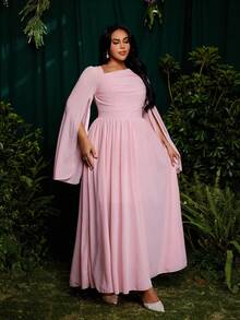 Roveilla Plus Size Women's Elegant Princess Palace Style Dress With Ruffle Sleeves, A-Line, Suitable For Vacation, Wedding, Bridesmaid, Party, Solid Light Pink Color - Pink - View 6