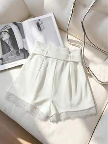 GlowEve 女士休闲日常通勤纯色纸袋腰褶皱宽松短裤，夏季 - 白色 - 查看 2