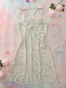 Romantic Ditsy Floral Mesh Comfortable Women Nightgown - Pink - View 2