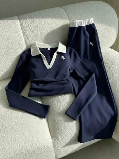 Sparklyn طقم ملابس كاجوال متعدد الاستخدامات للفتيات الصغيرات، يتكون من كنزة قصيرة محبوكة مطبوعة وبنطال مستقيم الساقين مطاطي، مناسب للارتداء اليومي، والذهاب إلى المدرسة، والارتداء الرياضي.