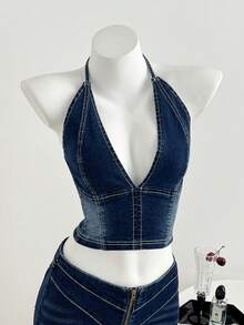 Elamini Sexy Halter Backless Washed Denim Mini Crop Top - Dark Wash - View 4