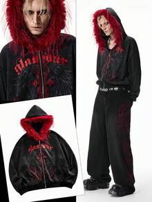 ROMWE MEN Goth Áo hoodie nam màu tối, viền lông mềm mại, có khóa kéo, kiểu dáng thường ngày, thích hợp cho mùa thu. - màu đen - Xem 11
